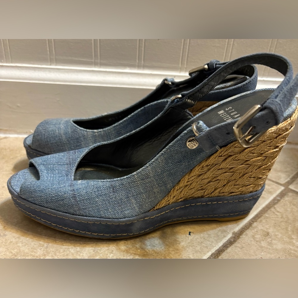 Stuart Weitzman Denim Wedge Sandals With Suede Trim Size 6.5